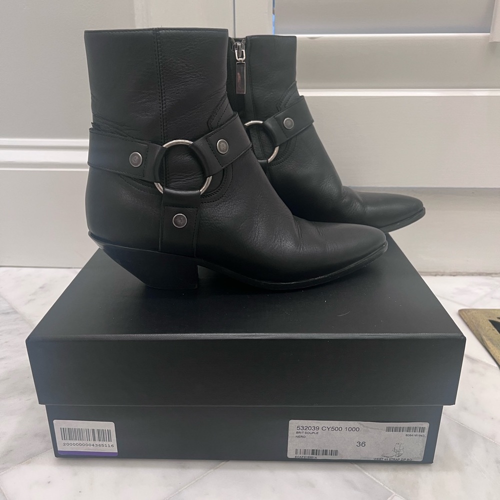 Saint Laurent West 45 Strap Zip Leather Ankle Boots Size 36